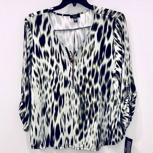 NWT Mackenzie & James 3X White Black Animal Print Convertible Sleeve Blouse Top - Picture 1 of 12